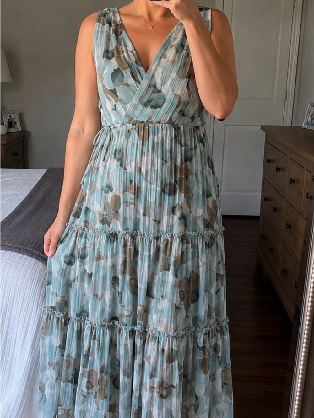 Calvin Klein Sleeveless Floral Tiered Maxi Dress in Light Blue and Taupe